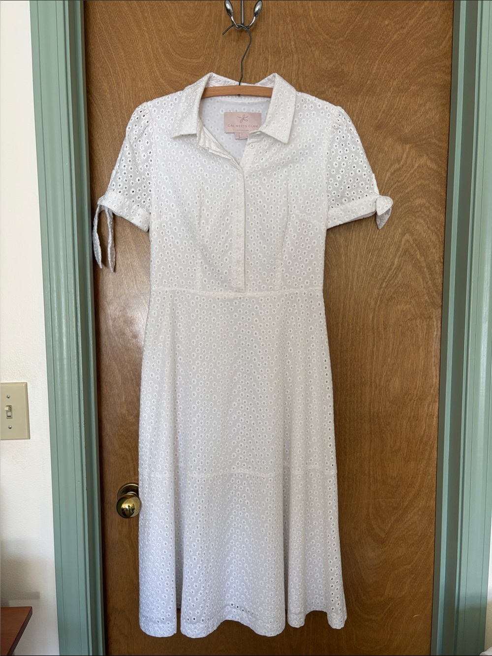 Gal Meets Glam White Eyelet Polo Midi Dress
